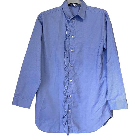 RED VALENTINO Ruffle Trim Cotton Button Down Shirt in Blue Size S/4 - Picture 2 of 14